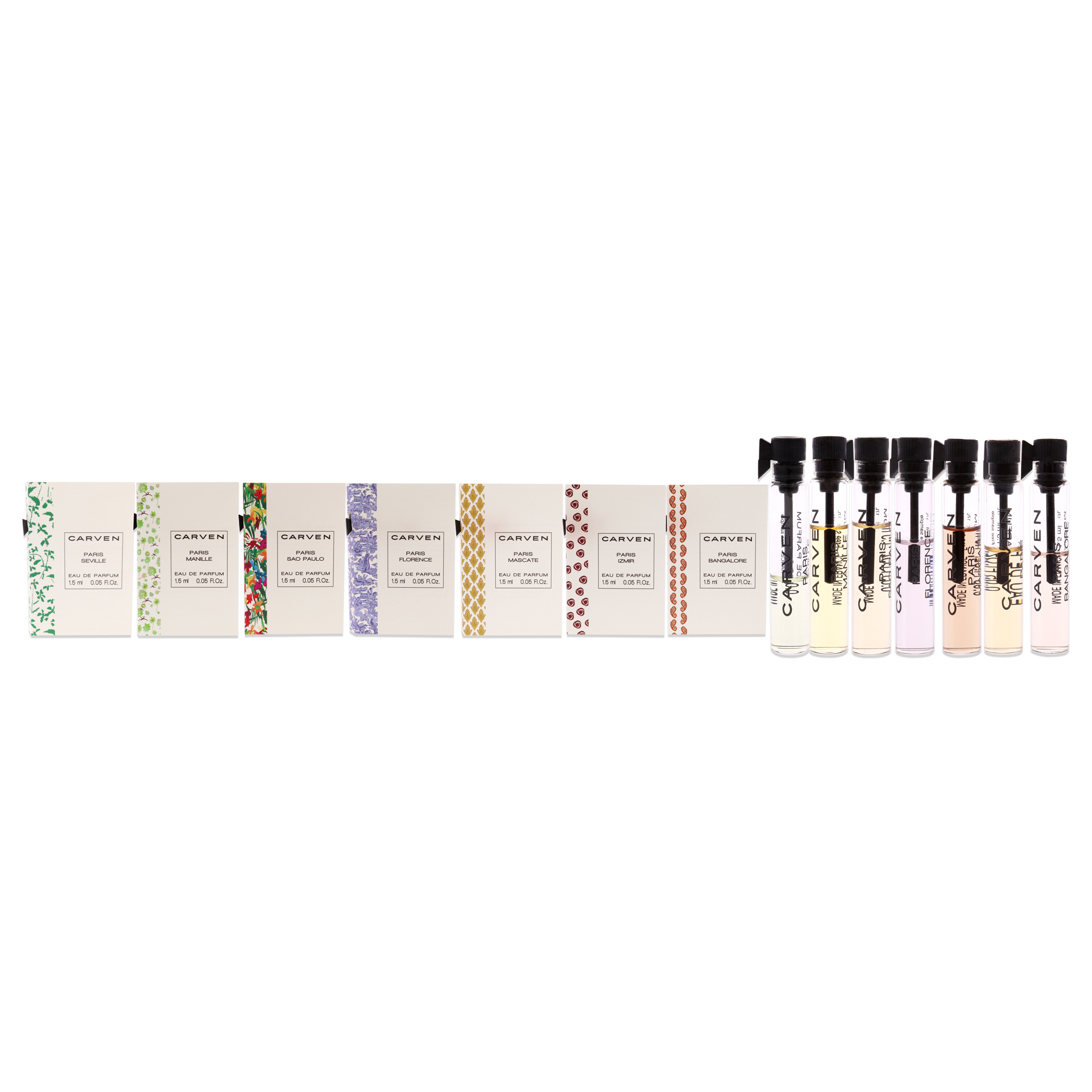 Carven Carven Collection Mini Sampler Set 0.05oz Paris Seville EDP Spray, 0.05oz Paris Manille EDP Spray, 0.05oz Paris Sao Paulo EDP Spray, 0.05oz Paris Florence EDP Spray, 0.05oz Paris Mascate EDP Spray, 0.05oz Paris Izmir EDP Spray, 0.05oz Paris Bangalore EDP Spray 7 Pc Mini Gift Set fragrance bottle