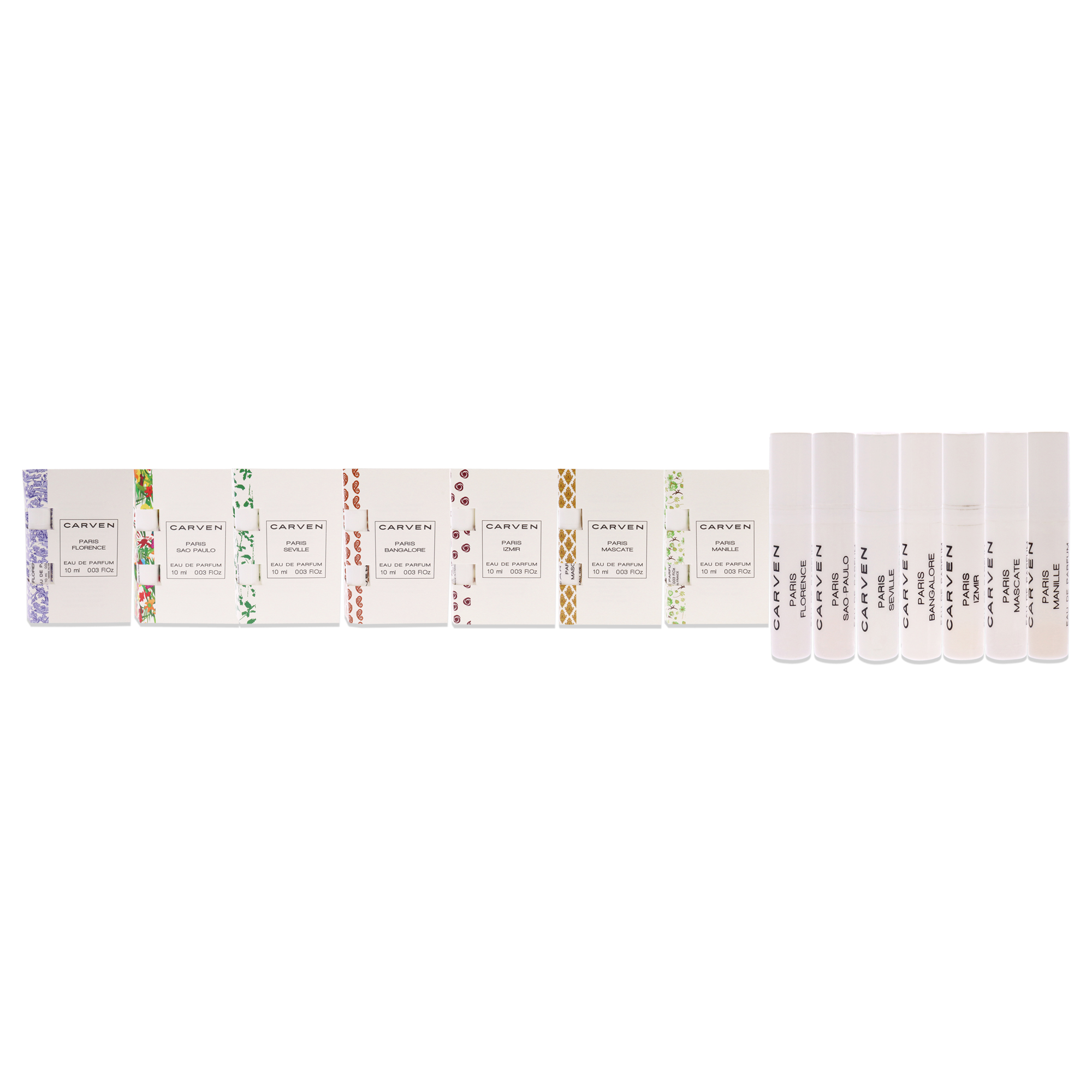 Carven Carven Collection Mini Set Sampler For Women 0.03oz Paris Seville EDP Spray, 0.03oz Paris Manille EDP Spray, 0.03oz Paris Sao Paulo EDP Spray, 0.03oz Paris Florence EDP Spray, 0.03oz Paris Mascate EDP Spray, 0.03oz Paris Izmir EDP Spray, 0.03oz Paris Bangalore EDP Spray 7 Pc Mini Gift Set fragrance bottle