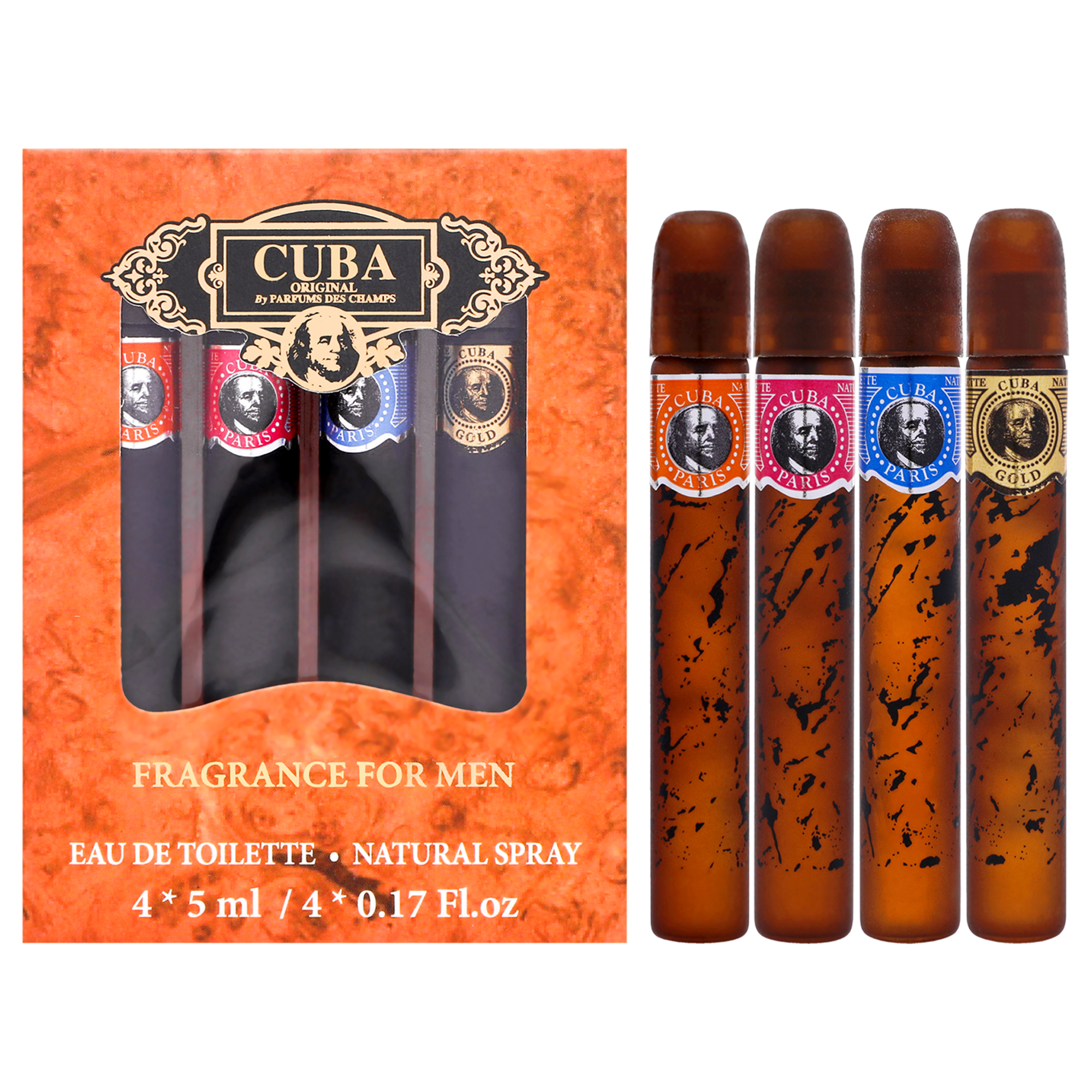 Cuba Cuba 0.17oz Cuba Gold EDT Splash (Mini), 0.17oz Cuba Red EDT Splash (Mini), 0.17oz Cuba Blue EDT Splash (Mini), 0.17oz Cuba Orange EDT Splash (Mini) 4 Pc Mini Gift Set fragrance bottle